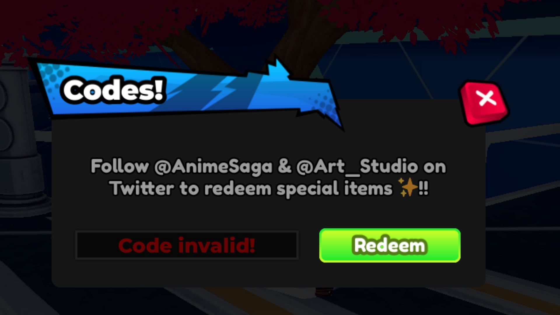 The "Code invalid!" error in Anime Saga (Image via Roblox)
